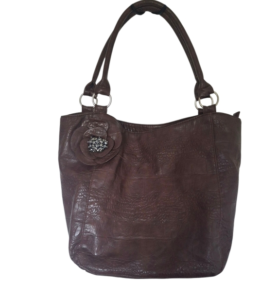 Brown Croc Embossed Tote with Bling Embellishment - Picture 1 of 8